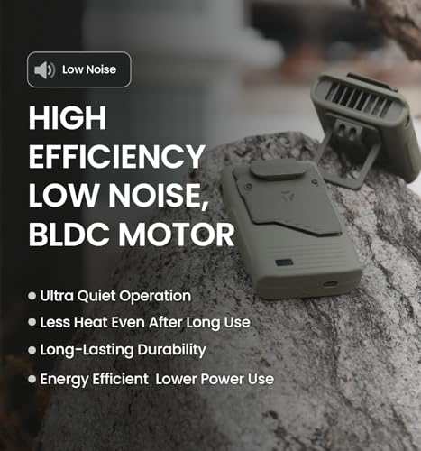 Claymore Clip Fan Khaki – Portable Rechargeable Neck Waist Wearable Fan with 5200mAh Battery, 5-Speed Quiet BLDC Motor, Hands-Free Neck Strap Design, USB-C Charging Camping, Hiking, Outdoor Use - style: Clip Fan (Khaki)