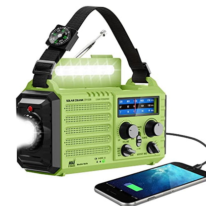 NOAA Weather Radio, Emergency Hand Crank Radio with Solar Charger, Portable Battery Operated AM FM Shortwave Radio with LED Flashlight, USB Charger, Earbud Jack, SOS Alert for Home Survival Hurricane - color: Green