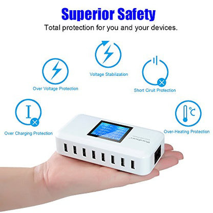 60W/12A 8-Port Desktop Charging Station Multiple USB, Multi Port Travel Fast Wall Charger Hub with LCD for Smart Phones, Tablet and More (White)