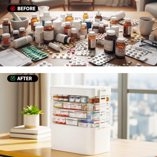 FOCHIER F 5-Tier Medicine Box Organizer Storage with Removable 6-Compartments Pill Organizer, Portable Medicine Container with Plastic Handle,First Aid Box Empty for Cabinet/Home/Travel
