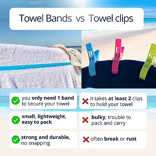 Towel Crabber Silicone Towel Bands for Beach Chairs (6 Pack) – Beach, Pool & Cruise Essentials, No Snap, Non-Bulky, Fits Most Pool & Lounge Chairs, A Smart Alternative to Towel Clips - color: Red, Blue, Black, Green, Yellow, Purple