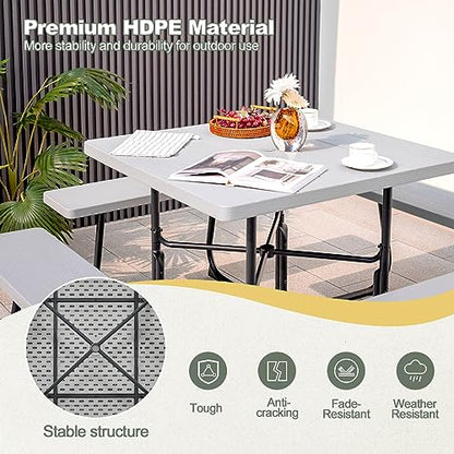 Tangkula 8 Person Picnic Table, Outdoor Square Picnic Table with 4 Built-in Benches, Umbrella Hole, Metal Frame & HDPE Tabletop, Outside Table and Bench Set for Backyard, 2300lbs Weight Capacity - color: Grey