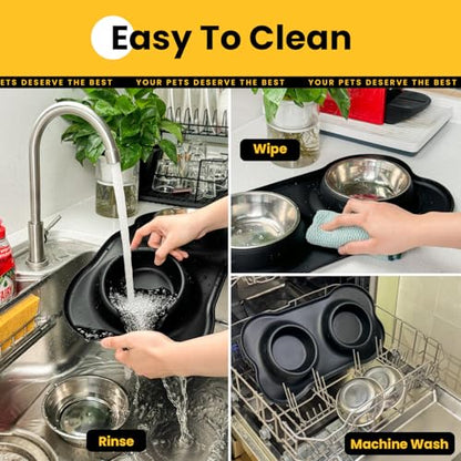 Conlun Dog Bowls with Non-Slip Silicone Mat, Spill Proof Large Food & Water Bowls Set, Easy Clean Dog Food Dish, Dishwasher Safe, Suitable for Dogs Cats Pet Under 90lbs, Large, Black - color: Black, size: Large-38oz