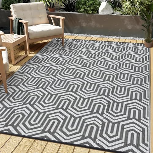 Outdoor Rug 8x10 Waterproof Patio Rugs Abstarct Line Reversible Mat for Front Door Rv Foldable Plastic Straw Carpet for Travel Trailers, Deck, Picnic, Porch, Balcony, Beach，Grey/White - color: Abstarct - Grey/White, size: 8' x 10' (Rectangular)