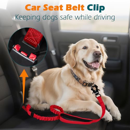 PetBonus Heavy Duty Tactical Dog Leash, 5 FT Bungee Shock Absorption Leash with 2 Padded Handles, Quick Release Metal Clip, Car Seatbelt, No Pull Training Lead for Large Medium Dogs（Red） - color: Red