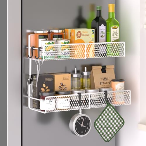 Magnetic Spice Rack for Refrigerator, 2 Pack Metal Magnetic Shelf White, Moveable Spice Organizer with Hooks, Super Magnetic Fridge Shelf for Kitchen Organization and Storage - color: White, style: 2 Pack