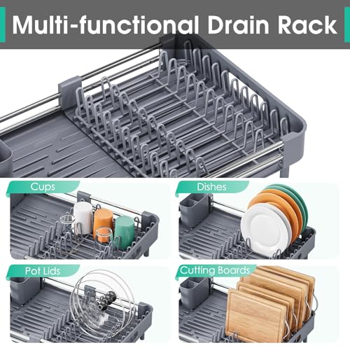 TOOLF Dish Drying Rack, Expandable Dish Rack for Kitchen Counter, Anti-Rust Dish Drainer, Sink Organization and Storage Essentials with Cutlery & Cup Holder, Gray - color: Gray