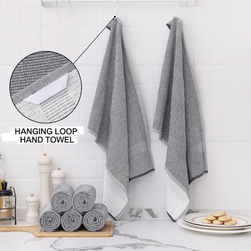 Homaxy Premium Kitchen Towels(18”x 28”, 6 Pack), Large Cotton Kitchen Hand Towels, Flat and Terry Dish Towels, 380 GSM Highly Absorbent Tea Towel Set with Hanging Loop, Grey - color: Grey, style: 6-pack