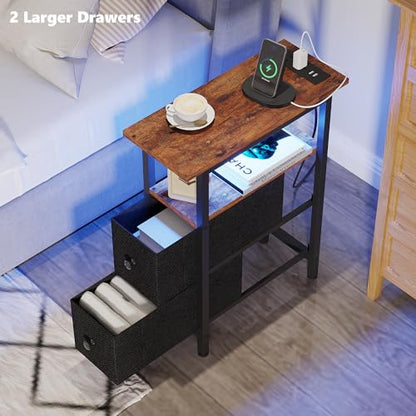TRIFEBLE End Table with Charging Station, Narrow Side Table with 2 Fabric Drawers, Skinny Nightstand with LED Light, Slim Bedside Table for Bedroom, Living Room, Small Spaces, Rustic Brown and Black - color: Rustic Brown + Black