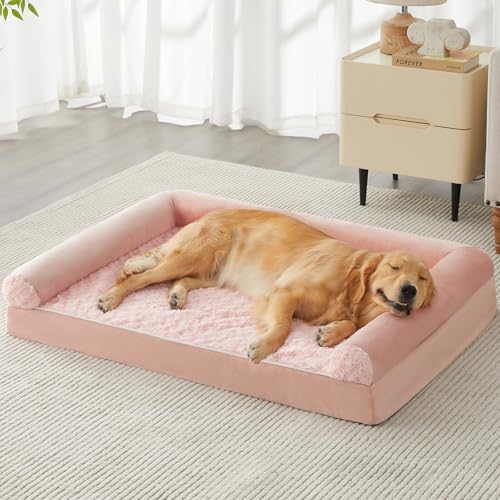 BFPETHOME Orthopedic Washable Dog Beds Large Sized Senior Dog for Comfy Sleeping with Removable Cover, Waterproof Big Soft Pet Couch Bed for Dogs Relax - color: Pink, size: 36"l x 27"w x 6.5"th