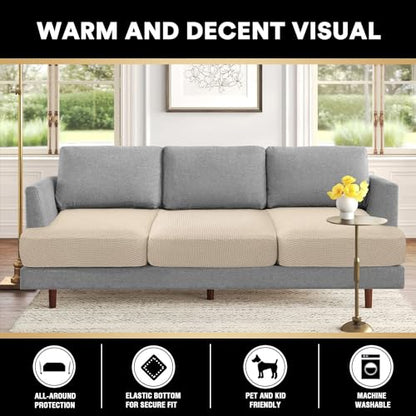 PrinceDeco 3 Piece Sofa Slipcovers for T Cushion Couch Cover T Shaped 3 Cushion Couch Sofa Seat Cover with Elastic Bottom Pets Friendly Jacquard Small Checked,Natural - color: Natural, size: 3 Cushion Sofa