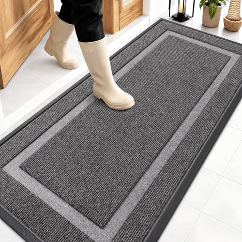 OLANLY Front Door Mat Indoor Outdoor Entrance, Waterproof All-Season, All-Weather Doormat, Sturdy Natural Rubber, Fade Resistant, Low Profile, Easy Clean Patio Porch Entryway Mat, 59x23, Dark Grey - color: Dark Grey, size: 59" x 23"