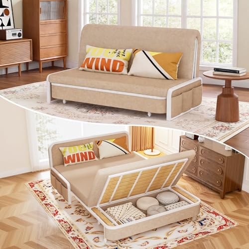 60" Pull Out Sofa Bed, 3 in 1 Convertible Sleeper Sofa, Full Size Loveseat Couch Bed with Storage, Trundle and 2 Pillows for Living Room, Bedroom, Dorm, Office, RV (Saddle Tan-909) - color: Saddle Tan