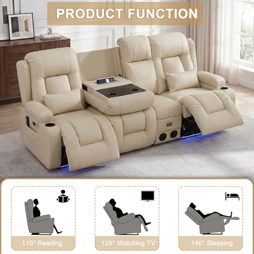 URRED Power Loveseat Recliner Sofa with Massage and Heat, Wall Hugger Reclining Loveseat with Console, RV Couch Home Theater Seating with LED Lights for Living Room (Beige, 89.8" - 3 Seats) - color: Beige, size: 89.8" - 3 Seats