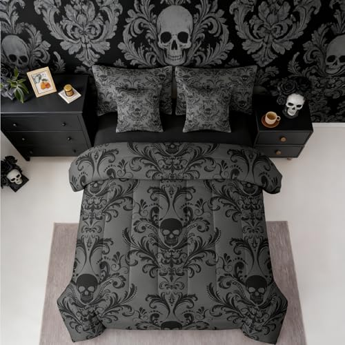 Erosebridal Gothic Damask Comforter Set 7 Piece Bed in a Bag Twin,Sugar Skull Bedding Sets Black Grey Victorian Floral Goth Sheet Set with Comforter - color: Multi 37, size: Twin(7-Pieces)