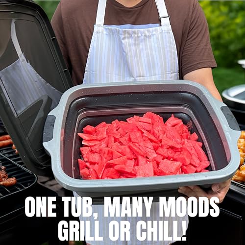 Collapsible Large (8L) BBQ Marinating Tub w/ Cutting Board | Multipurpose Food-Grade TPE Prep Tub w/ Lid | Built-In Colander & Drain Plug - For Camping | Tailgate | Picnic - Slate Black - size: Large