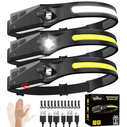 Rechargeable Headlamp 3PCS, 230° Wide Beam Head Lamp, Motion Sensor LED Headlamp Rechargeable, 5Mode Bright Headlamps for Adults, Head Lights for Forehead, Hard Hat Headlight, Camping Essentials Gear - size: 3Pack