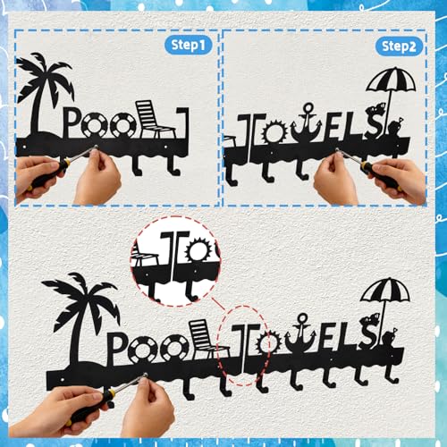 Large Pool Towel Rack (32 Inch), Outdoor Towel Rack for Pool, Wall Mounted Towel Holder Towel Hanger with 10 Hooks, Carbon Steel Towel Organizer Pool Signs and Decor for Bathrobes, Towels, Clothes