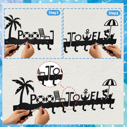 Large Pool Towel Rack (32 Inch), Outdoor Towel Rack for Pool, Wall Mounted Towel Holder Towel Hanger with 10 Hooks, Carbon Steel Towel Organizer Pool Signs and Decor for Bathrobes, Towels, Clothes