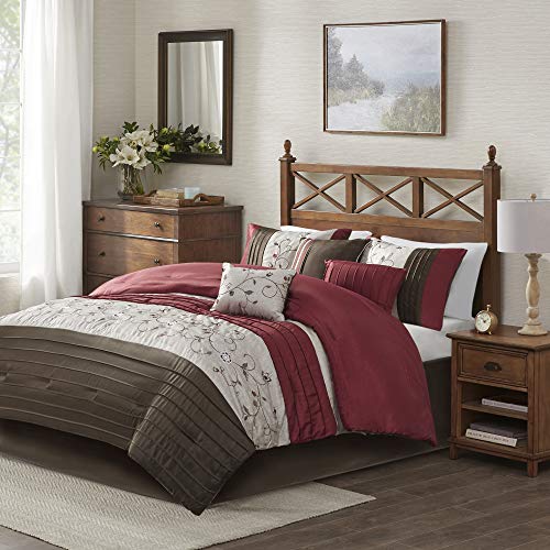 Madison Park Serene Faux Silk Comforter Set - Floral Embroidery Design, All Season Bedding Set, Matching Bed Skirt, Decorative Pillows, Red Cal King(104"x92") 7 Piece - color: Red, size: California King