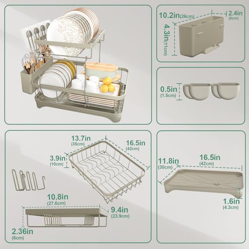 Dish Drying Rack, 2-Tier Dish Drying Rack with Utensil Holder – Large Capacity Auto-Draining Dish Drainer with Drainboard for Kitchen Counter, Grey - color: 2-tier - Grey