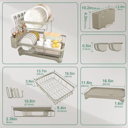 Dish Drying Rack, 2-Tier Dish Drying Rack with Utensil Holder – Large Capacity Auto-Draining Dish Drainer with Drainboard for Kitchen Counter, Grey - color: 2-tier - Grey