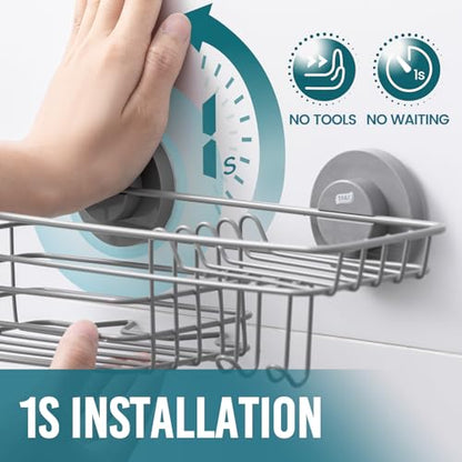TAILI Shower Caddy Suction Cup with Hooks & Soap Holder, Heavy Duty Bathroom Shower Organizer, No Drilling Shower Shelves for Inside Bathroom, Metal Storage Holder-Grey - style: 1 × Grey