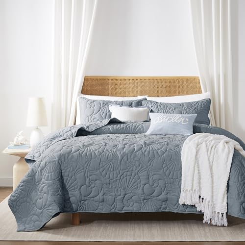 WDCOZY Coastal Beach King Size Quilt Bedding Sets, Blue Nautical Tropical Ocean Bedspread, Scallop Seashell Soft Coverlet, Lightweight Summer Thin Comforter for All Season - color: Blue Grey, size: King(104"x90")