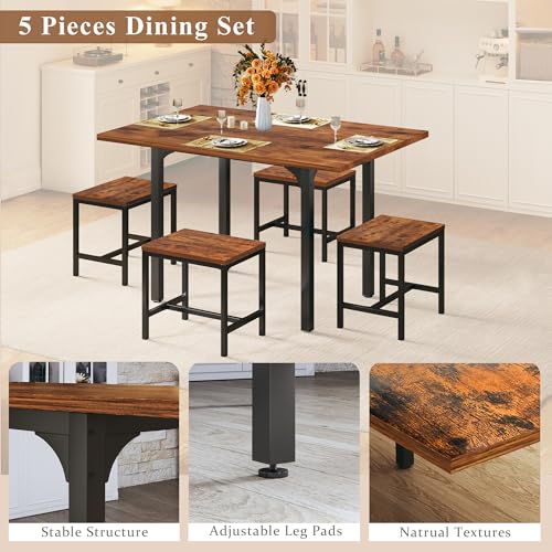 HUAHUU Dining Table Set for 4, Extendable Kitchen Table Chairs Set of 4, Rectangle Dining Table with Metal Frame & MDF Board, Folding for Small Apartment Saving Space, Rustic Brown - color: Rustic Brown