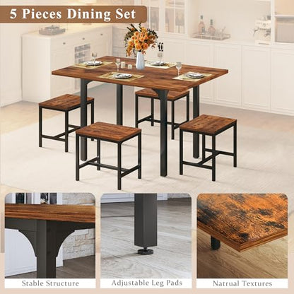 HUAHUU Dining Table Set for 4, Extendable Kitchen Table Chairs Set of 4, Rectangle Dining Table with Metal Frame & MDF Board, Folding for Small Apartment Saving Space, Rustic Brown - color: Rustic Brown