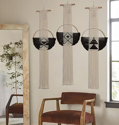 Flber Macrame Wall Hanging 3Pcs Macrame Wall Decor Macrame Wall Art Round Wall Art Handmade Boho Wall - color: Black