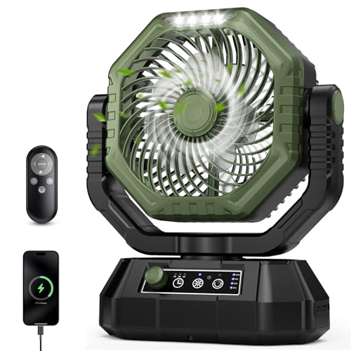 AJVV Camping Fan with Light, Remote and Oscillation, Battery Powered Hanging Tent Fan, Rechargeable Portable for Camp, Outdoor, Emergencies, Fishing, RV Travel, Jobsite - color: Green