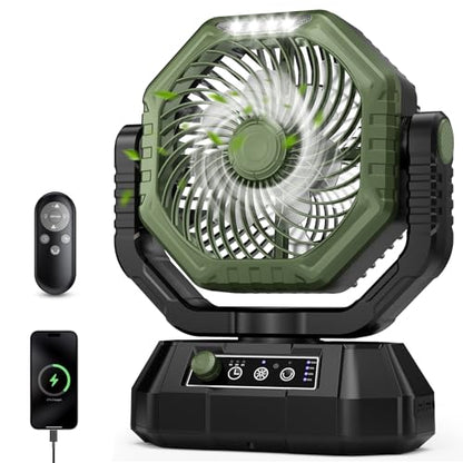 AJVV Camping Fan with Light, Remote and Oscillation, Battery Powered Hanging Tent Fan, Rechargeable Portable for Camp, Outdoor, Emergencies, Fishing, RV Travel, Jobsite - color: Green