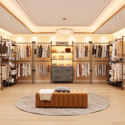 T3 Closet System with Stepless Dimmable LED Light, Industrial Pipe Clothing Rack with 4 Drawers, 6 Wooden Shelves & 4 Telescopic Rods, Heavy Duty Closet Organizers in Wardrobe Closet (Black Gray Oak) - color: Black Gray Oak