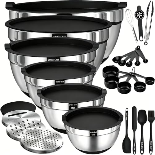 Thickened Heavy-Duty 26pcs Stainless Steel Bowl, Mixing Bowl Set with Lid, Grater Attachment, Non-Slip Bottom and Kitchen Gadget Set, Sizes 7, 4, 2.5, 2.0, 1.5, 1QT, Ideal for Mixing and Serving - color: Carbon Black