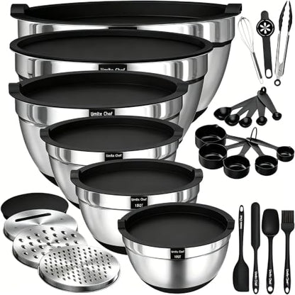 Thickened Heavy-Duty 26pcs Stainless Steel Bowl, Mixing Bowl Set with Lid, Grater Attachment, Non-Slip Bottom and Kitchen Gadget Set, Sizes 7, 4, 2.5, 2.0, 1.5, 1QT, Ideal for Mixing and Serving - color: Carbon Black