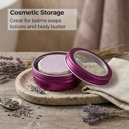 2 oz (60ml) Purple Aluminum Tins with Clear Lids and Labels, 24 Pack | Clear View Lid, Secure Packaging, Tight Screw Lids, Includes Blank Labels, 11 Color Options - color: Purple