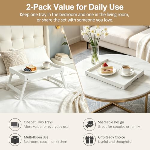 Large Breakfast Tray with Folding Legs Set of 2, 16.9" x 12.2" Bamboo Bed Tray Table with Ergonomic Wave Handles, Foldable TV Dinner Tray for Bed Couch Sofa, Breakfast, Laptop, Coffee,White - color: White, size: Large