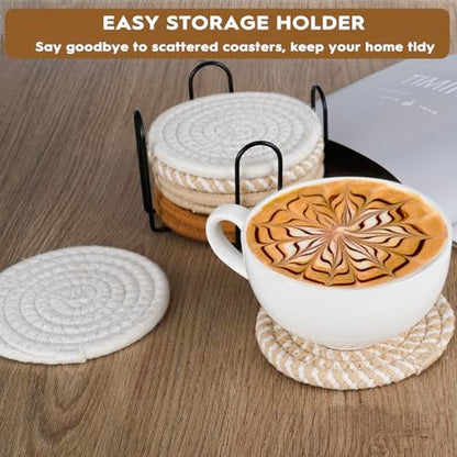8 Pcs Drink Coasters with Holder, Boho Minimalist Cotton Woven Coasters Set for Drinks Absorbent Coffee Table Home Decor Bar Tabletop Protection, Suitable for Kinds of Cups 4.3 Inch