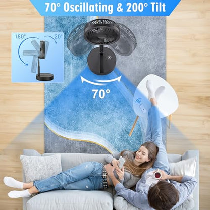 LIPETY Portable Foldable Rechargeable Oscillating Fan - 8" Battery Operated USB C Small Fan Remote, Quiet Table Desk Fan Folding Standing Pedestal Fans for Bedroom Rome Office Camping Travel