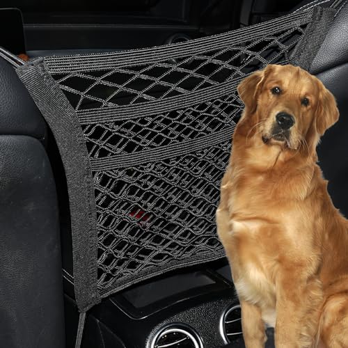 3-Layer Car Mesh Organizer Between Front Seats, 11.8 x 10.6 Inch Car Net Kid Pet Dog Net Barrier with Elastic Storage Pockets for Purses, Tissues, Fits SUV and Van - size: 11.8 x 10.6 Inch