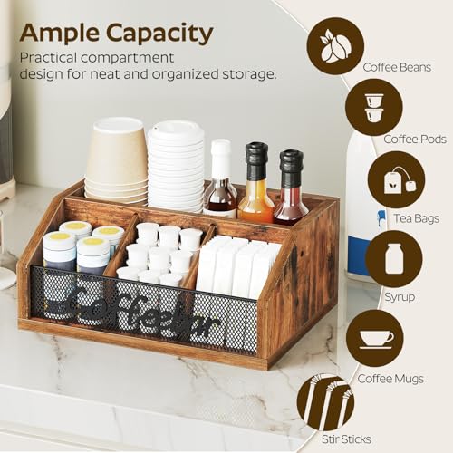 YATINEY Coffee Pod Organizer, Wooden Coffee Bar Organizer for Countertop, Versatile Pod Holder with Dividers, Holds Syrup, Cups, Tea Bags, Easy Assembly, Rustic Brown KH11BR - color: Rustic Brown + Black