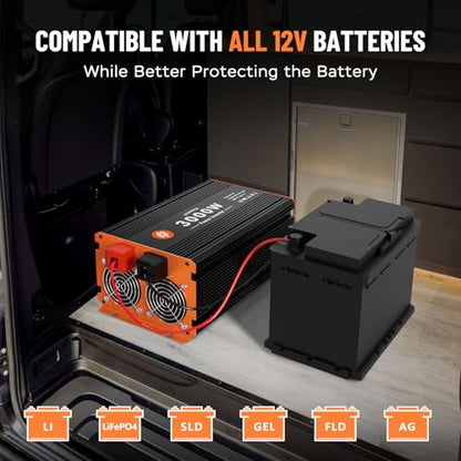 3000 Watt Power Inverter 12V DC to 110V/120V AC Converter Peak Power 6000W Car Inverter with LCD Display 3 AC Outlets, 2 USB & Type-C Port for RV,Truck,Off-Grid Solar System with Remote Controller