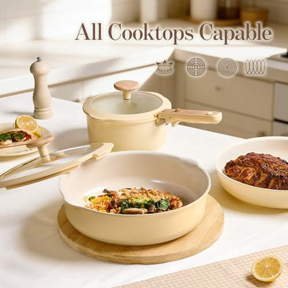 CAROTE 18 Pcs Ceramic Cookware Set Detachable Handle, Non Toxic Pots and Pans Set Non Stick, Induction Kitchen Cookware Removable Handles, Oven Safe, Stackable RV/Camping Cooking Set, Yellow - color: Yellow