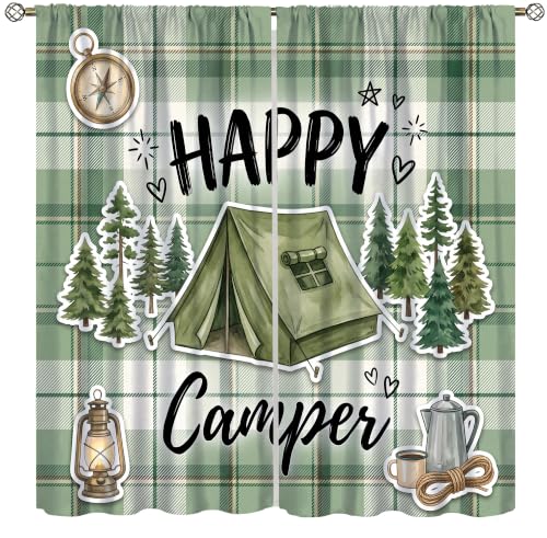 Happy Camp Green Plaid Curtain Rustic Pine Tree Adventure Tent Compass Camping Printed Rod Pocket Window Treatments for Bedroom Living Room Decor 42" W X 45" L - color: Camping-18, size: 20.5"W x 45"L (Pack of 2)
