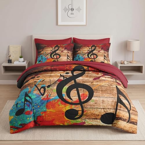 WeCozy 7 Pcs Full Size Comforter Set with 2 Pillowcases & 2 Shams, Musical Music Disco Bedding for Kids and Adults, Black Retro Wood Grain Bedding Set with Flat Fitted Sheet - color: Music, size: Full