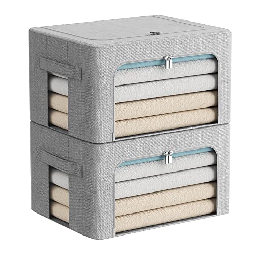 FHSQX 2 Pack Clothes Storage Bins Stackable Metal Frame Storage Box Foldable Linen Fabric Organizer with Carrying Handles and Clear Window (Light Gray, 15.7x 11.8x 7.8Inch) - color: Light Gray, size: 15.7x 11.8x 7.8Inch
