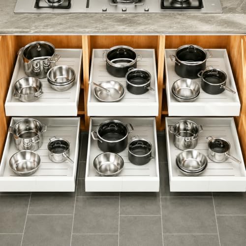 Pull out Cabinet Organizer, 6-pack, Expandable(12"-20") Heavy Duty Slide out Drawers Fixed with Adhesive Nano Film for Pots, Roll out Shelf Storage for Kitchen Base Cabinet Organization(3 Rails) - color: White, size: 21"D×12"-20"W(6 Pack)