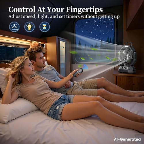 AJVV Camping Fan with Light, Remote and Oscillation, Battery Powered Hanging Tent Fan, Rechargeable Portable for Camp, Outdoor, Emergencies, Fishing, RV Travel, Jobsite - color: Black