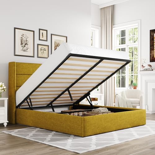 Allewie Full Size Lift Up Storage Bed, Modern Wingback Headboard, Hydraulic Support, No Box Spring Needed, Olive Yellow - color: Olive Yellow, size: Full, style: Modern